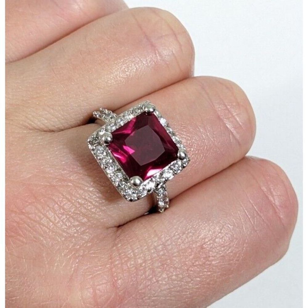 Size 9.25 - Pink Red Cubic Zirconia Square Cocktail Ring - Simulated gemstone
